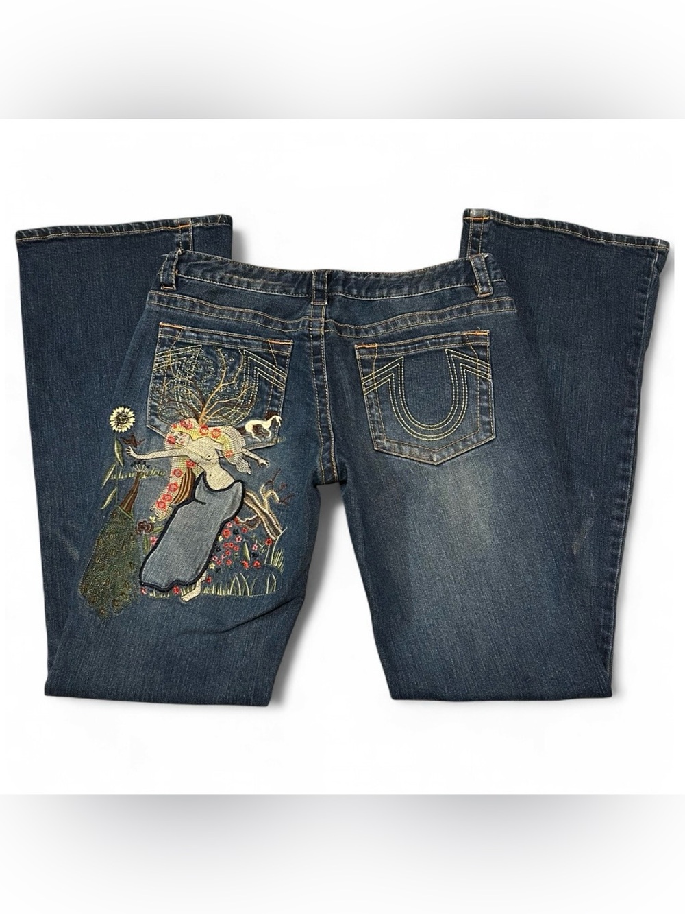 Lady Godiva Women's Dark Blue Embroidered Bootcut Low Rise Jeans